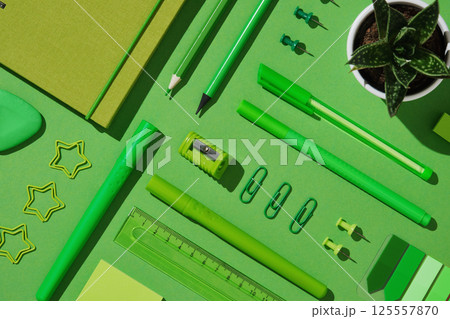 Knolling stationery composition in green theme. Spiral notebook, pens, pencil, sharpener, sticky notes, eraser, paper clips, push pins Knolling stationery composition in green theme. Spiral notebook, pens, pencil, sharpener, sticky notes, eraser, paper clips, push pins 125557870