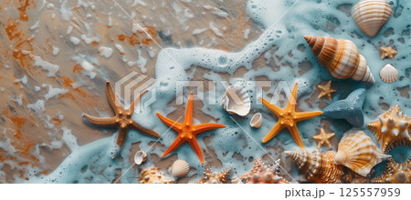 Seashells and starfish on sandy beach, perfect natural background for designs 125557959