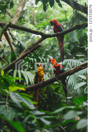 Captivating scene of majestic exotic birds perched on lush tropical tree branch 125558076
