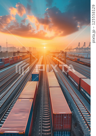 Shipping containers arriving at rail yard for transport and logistics operations 125558129