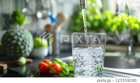 Crystal clear water flowing from kitchen tap into glass with copy space Crystal clear water flowing from kitchen tap into glass with copy space 125558280