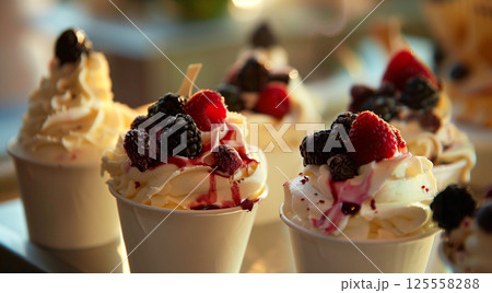 Gourmet italian sorbet ice cream in individual paper cups for ultimate indulgence 125558288