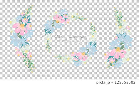 Gorgeous floral frame in pink, light blue and white. Circle frame. Text space 125558302