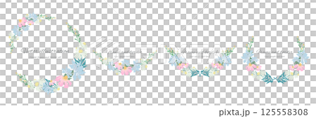 Gorgeous floral frame in pink, light blue and white. Circle frame, laurel, laurel wreath. Text space 125558308