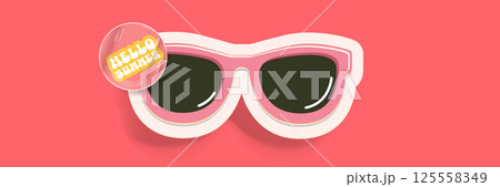 Hello summer pink groovy sticker and banner design with sunglasses isolated on pink. Hello summer motto sticker, tag, retro label, banner, ribbon, label png with quote. Summertime design template 125558349