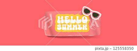 Hello summer pink groovy sticker and banner design with sunglasses isolated on pink. Hello summer motto sticker, tag, retro label, banner, ribbon, label png with quote. Summertime design template Hello summer pink groovy sticker and banner design with sunglasses isolated on pink. Hello summer motto sticker, tag, retro label, banner, ribbon, label png with quote. Summertime design template 125558350