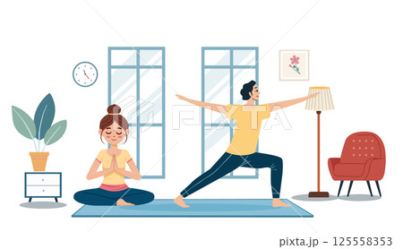 Young couple doing yoga at home. 125558353