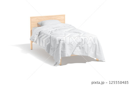 Blank wooden single bed with white bedding mockup, half-turned view 125558485