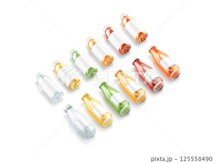 Blank transparent 16 oz plastic and glass juice bottle mockup lying 125558490