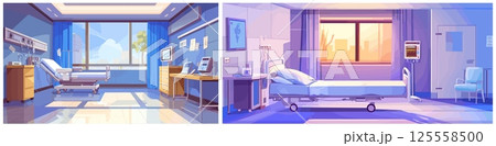 hospital wards cartoon background. interior of empty ward with window bed medical monitor cartoon, room medicine clinic health doctor vector illustration 125558500