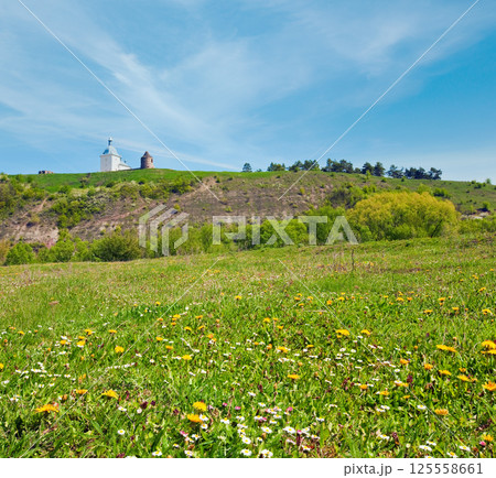Spring blossoming field and ancient fotess and church behind Spring blossoming field and ancient fotess and church behind 125558661