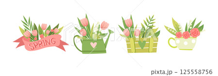Spring Flower and Blooming Garden Flora Composition Vector Set 125558756