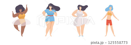 Pretty Body Positive Woman in Standing Pose Vector Set Pretty Body Positive Woman in Standing Pose Vector Set 125558773