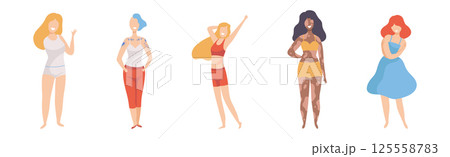 Pretty Body Positive Woman in Standing Pose Vector Set Pretty Body Positive Woman in Standing Pose Vector Set 125558783