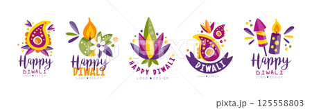 Happy Diwali Logo and Label Bright Design Vector Set Happy Diwali Logo and Label Bright Design Vector Set 125558803