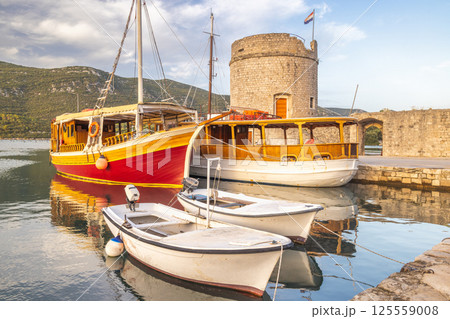 Mali Ston, village in Peljesac peninsula in Croatia, Europe. Picturesque harbor scene: Boats docked by a historic stone tower, creating a serene waterfront view on a calm day. 125559008