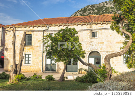Ston, historic town in Peljesac peninsula in Croatia, Europe. Historic stone building with red tile roof and interesting trees in a scenic coastal setting with hills in the background. Ston, historic town in Peljesac peninsula in Croatia, Europe. Historic stone building with red tile roof and interesting trees in a scenic coastal setting with hills in the background. 125559058