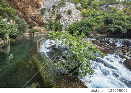 Buna river near the Blagaj Tekke monastery, Bosnia and Herzegovina, Europe. Scenic waterfall cascading through a verdant landscape, creating a tranquil and picturesque natural setting. 125559061