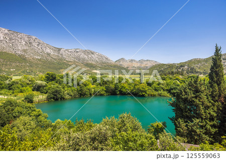 Modro Oko, small lake near delta of the Neretva river, Croatia, Europe. Scenic vista of a turquoise lake reflecting the clear blue sky, framed by lush greenery and majestic mountains in background. 125559063