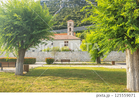 Ston, historic town in Peljesac peninsula in Croatia, Europe. Idyllic view of a park with lush trees and a historic building with a bell tower in the background, creating a serene atmosphere. 125559071