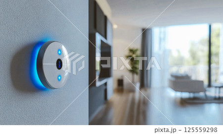 Security system indoors in a smart home with light living room interior. Modern technologies for property. Automatic system. Internet of things. This is AI-generated item 125559298