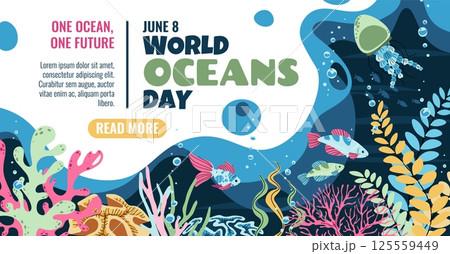World Oceans Day Horizontal Banner. Flat Design Coral Reef with Tropical Fish and Jellyfish. Marine Life Illustration for Ocean Conservation and Eco Awareness. Vibrant Vector Art. World Oceans Day Horizontal Banner. Flat Design Coral Reef with Tropical Fish and Jellyfish. Marine Life Illustration for Ocean Conservation and Eco Awareness. Vibrant Vector Art. 125559449