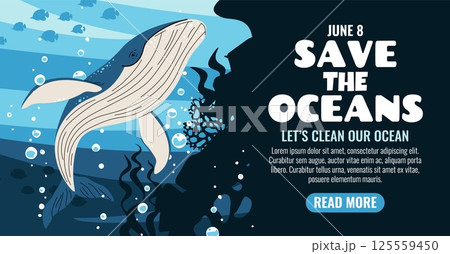 World Oceans Day Horizontal Banner. Majestic Whale and Coral Reefs. Protect Our Marine Giants. Conservation Design for Websites, Social Media and Print. 125559450