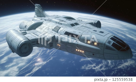 Spacecraft gliding through the cosmos above Earth planet 125559538