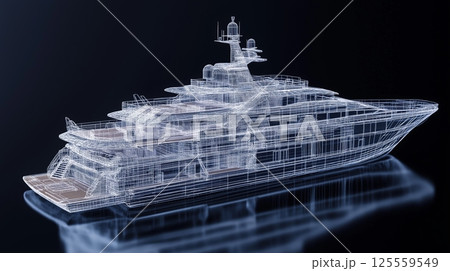 Luxurious yacht design showcased in a high-tech digital rendering with details 125559549