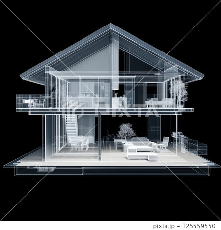 Transparent architectural design showcasing a modern house with multiple levels and open spaces 125559550