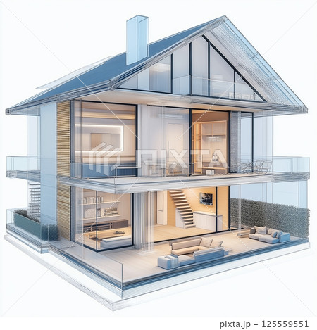 Modern glass-fronted house design merges elegance and comfort in a serene environment 125559551