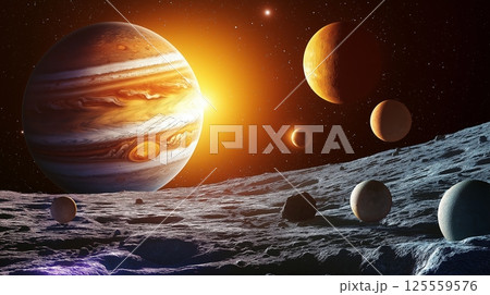 Few planets in orbit around a distant star with surface view of a celestial body at sunset 125559576