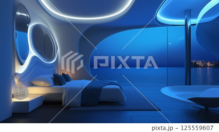 Cozy bedroom with stunning ocean view and moonlight illuminating the serene atmosphere at night 125559607