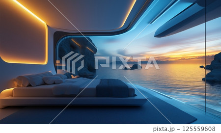 Relaxing evening in a modern oceanfront bedroom with stunning sunset views and ambient lighting Relaxing evening in a modern oceanfront bedroom with stunning sunset views and ambient lighting 125559608