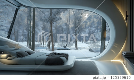 Modern bedroom interior with large window overlooking snowy forest landscape during winter Modern bedroom interior with large window overlooking snowy forest landscape during winter 125559610