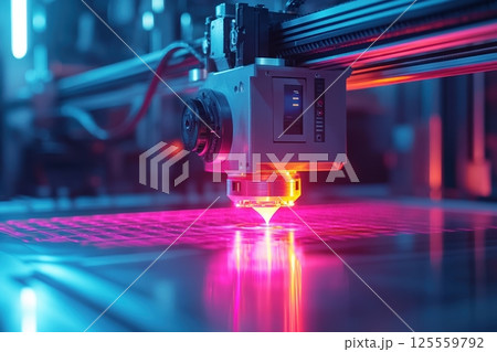 Modern laser cutting machine in action with vibrant pink and blue light effects in industrial setting 125559792