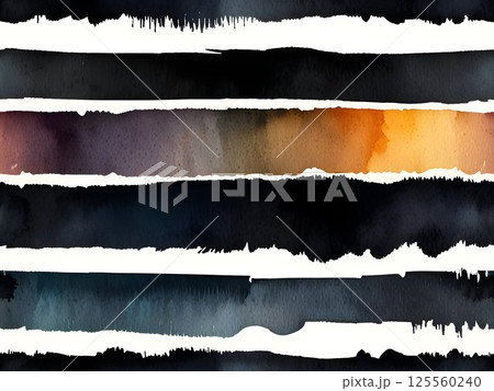 Watercolor stripes spanning horizontal canvas, featuring black, orange, blue hues with dynamic torn edges, revealing textured white backgrounds 125560240