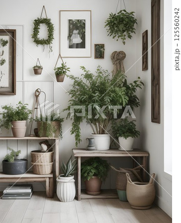 Indoor greenery adorning wooden shelves and wall-mounted planters, complementing vintage decor and framed artwork with warm, inviting ambiance 125560242