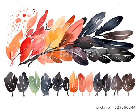 Different shades of grey and orange watercolor leaves and brushstrokes are arranged creating a natural and artistic pattern 125560244