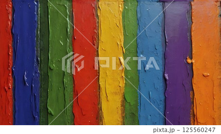 Impasto brushstrokes layering rainbow colors, creating textured striped pattern with vibrant visual depth and artistic energy 125560247