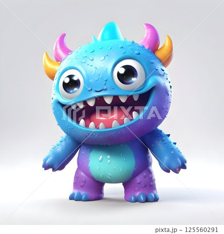 Furry blue cartoon monster grinning with big eyes, curved horns, displaying cheerful expression on light gray background, embodying playful, friendly character 125560291