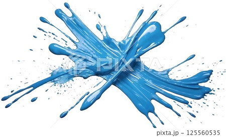 Blue shade swatch paint splatters and strokes creating dynamic abstract shapes on a clean white background, showcasing an artistic and modern visual with a lively touch of color 125560535