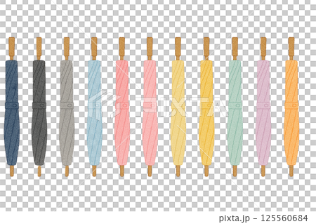 Set of closed elongated watercolor umbrellas (blue, black, gray, light blue, pink, yellow, mint, purple, orange) Illustration material (miscellaneous 125560684
