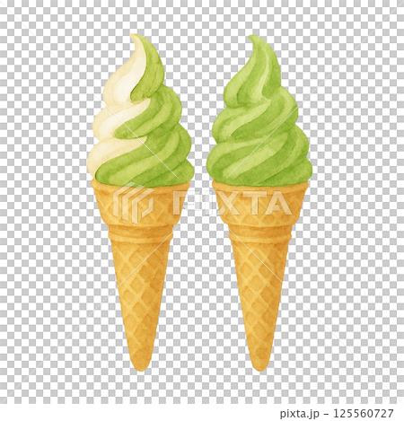 抹茶冰淇淋和混合冰淇淋(糖果和食品材料)的水彩插圖 抹茶冰淇淋和混合冰淇淋(糖果和食品材料)的水彩插圖 125560727