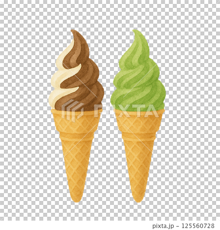 Watercolor illustration of chocolate vanilla mix soft serve and matcha soft serve (sweets and food materials) 125560728
