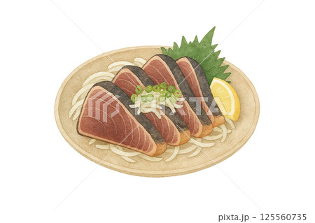 カツオのたたき盛り付けの水彩イラスト（和食・食品素材） 125560735