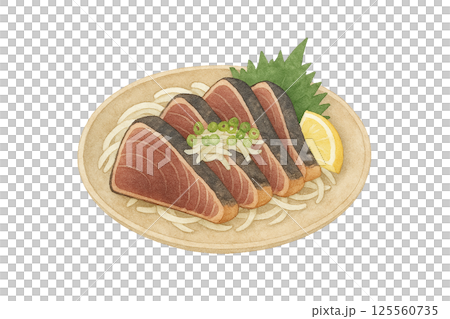 カツオのたたき盛り付けの水彩イラスト（和食・食品素材） 125560735