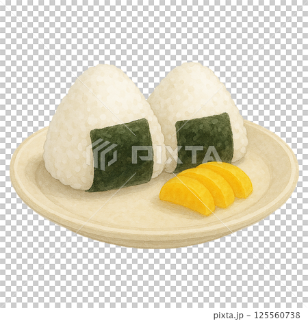 おにぎり2個とたくあんの水彩イラスト（和食・食品素材） 125560738