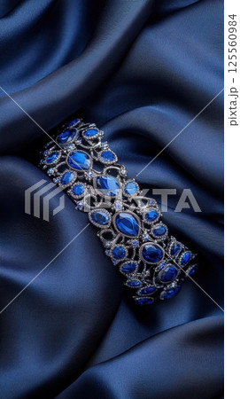 Sapphire studded platinum bracelet with intricate lattice design on dark silk fabric Sapphire studded platinum bracelet with intricate lattice design on dark silk fabric 125560984