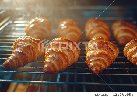 Freshly baked croissants cooling on a rack in a warm kitchen environment 125560995